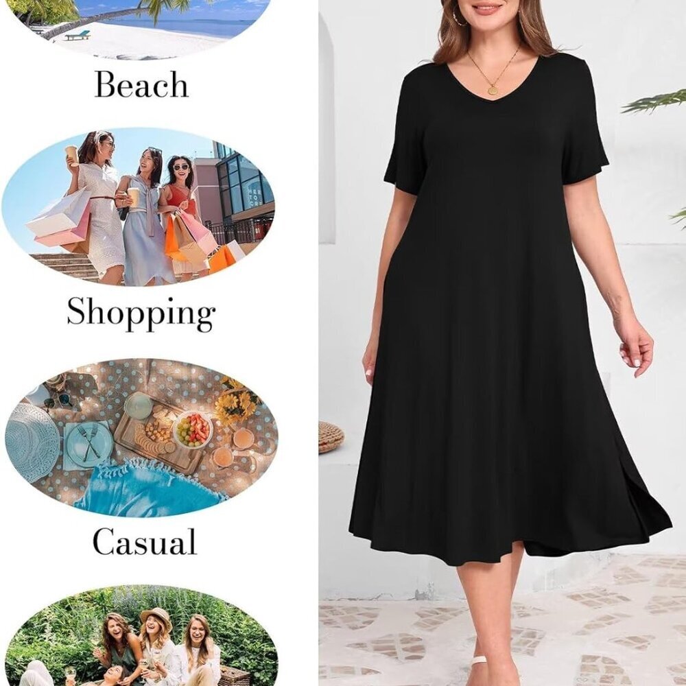 Women Plus Size T-Shirt Dress Casual Long V-Neck Beach Cover Up - Picture 6 of 6